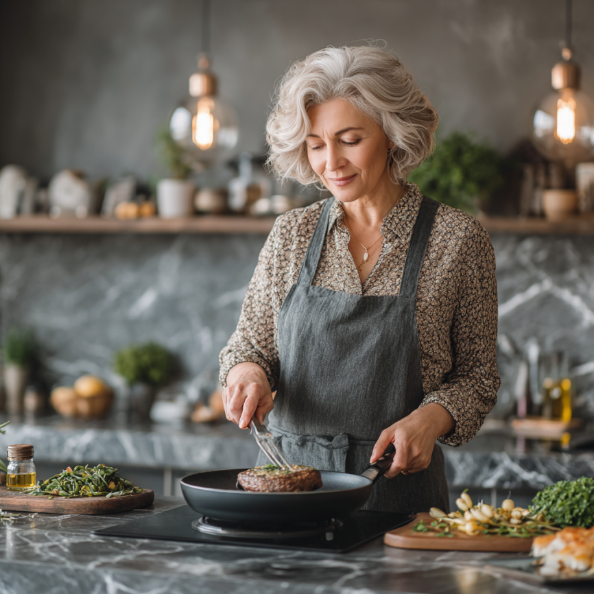 Літня жінка готує здорову їжу